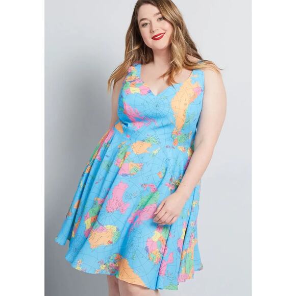 [Modcloth] Global Intentions World Map Novelty Retro Fit & Flare Midi Dress XL - Picture 1 of 12